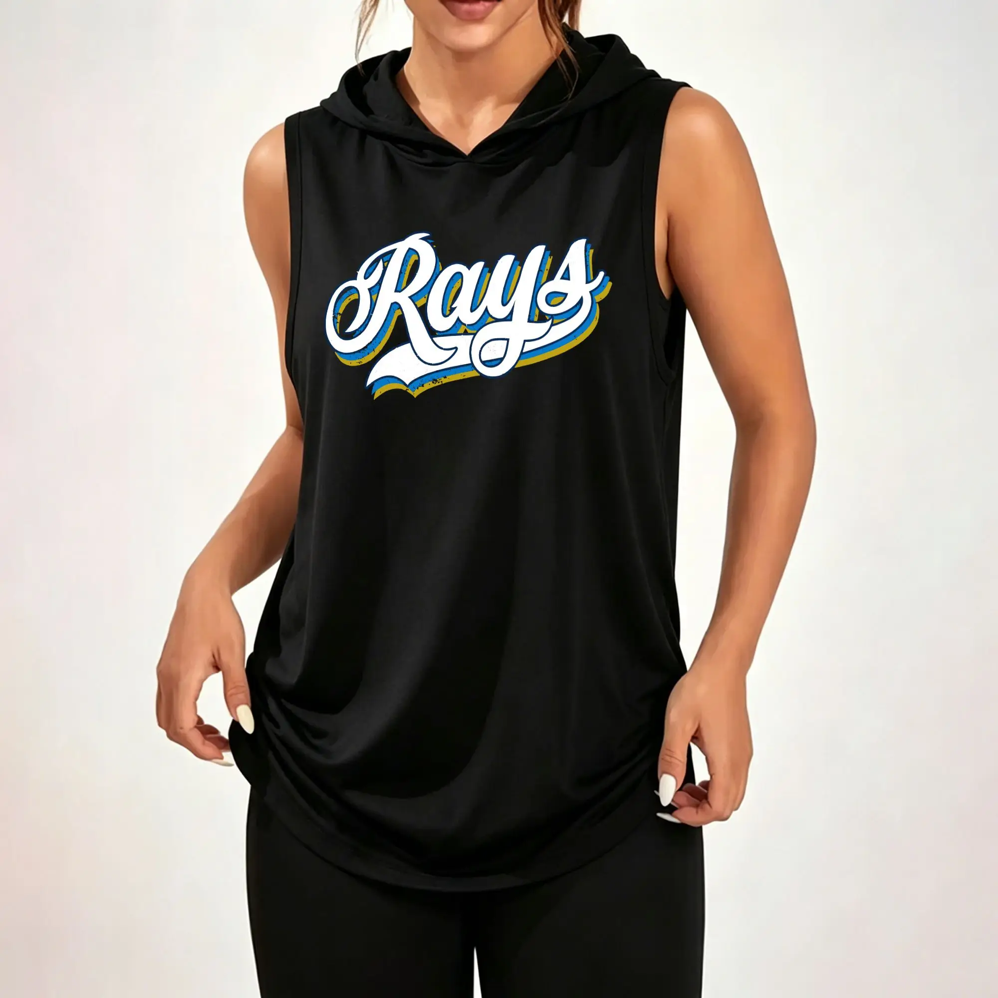 Women's Sleeveless Hoodie, Rays Cursive Color‑Layered Retro Script Graphic Print Casual Hooded Tank Top