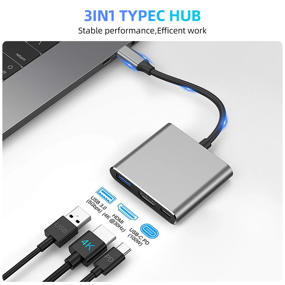 3 in 1 USB C 허브 100W 전원 USB 3.0 4K HDMI 호환 MacBook Surface Chrome Steam Deck 안정적인 USB 3.0 USB 허브 데이터 어댑터