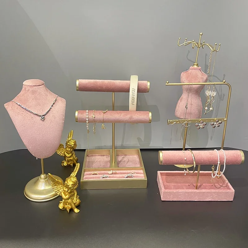 

Jewelry Display Stand Pink Metal Material Headband Stand Desktop Decoration Storage Necklace Earrings Bracelet Ring Plate Props