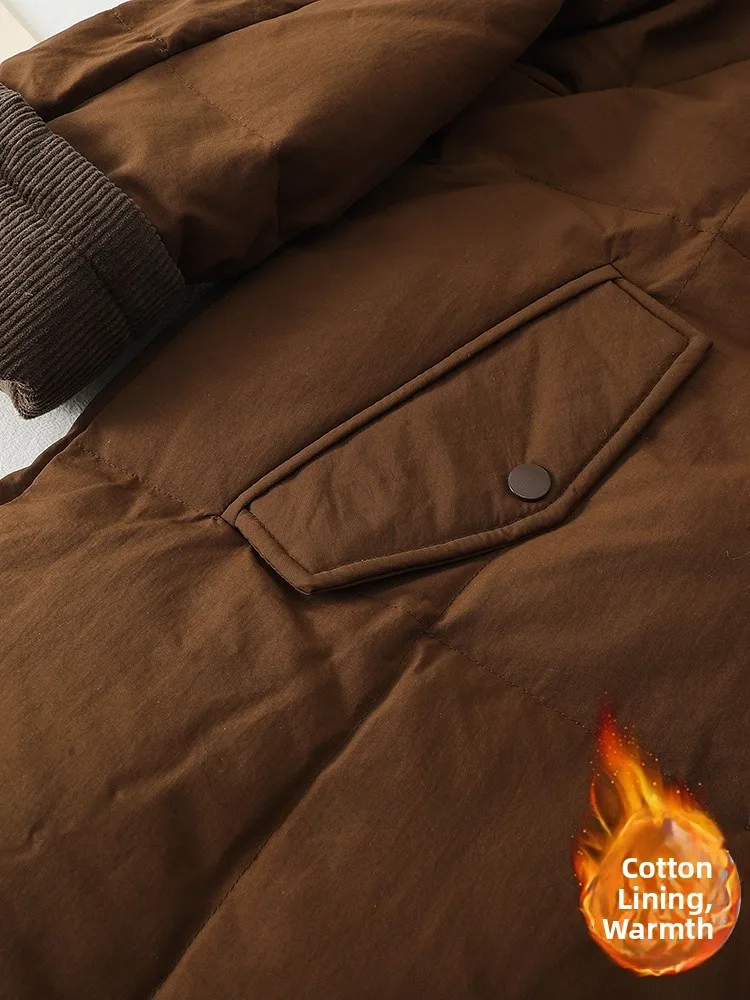 Damska kurtka puchowa z sztruksu, zimowa, luksusowa, luźna, średniej długości, ciepła, bawełniana, odzież wierzchnia, retro, długa, swobodna.