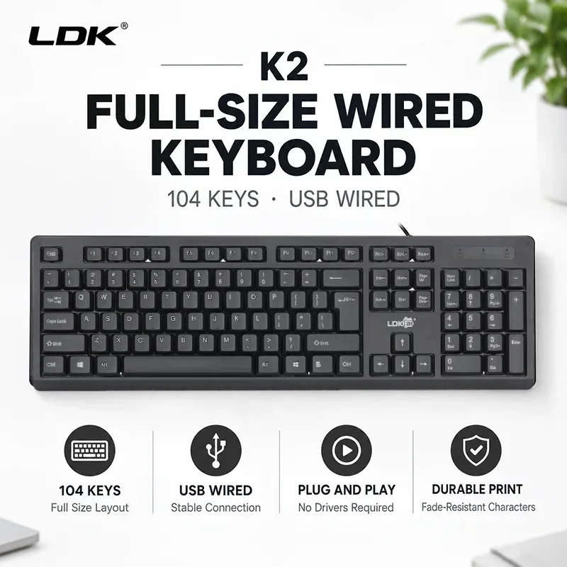 Original Wired Keyboard 104 Keys Full Size USB Office Keyboard Plug and Play with 145cm Cable LDK U-K2
