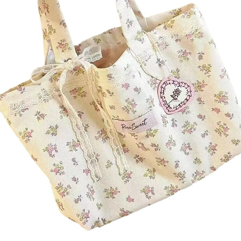 Large Capacity Fragmented Flowers Pattern Tote Bag Fashion Sweet With Lace Bow Storage Handbags Canvas Handbag