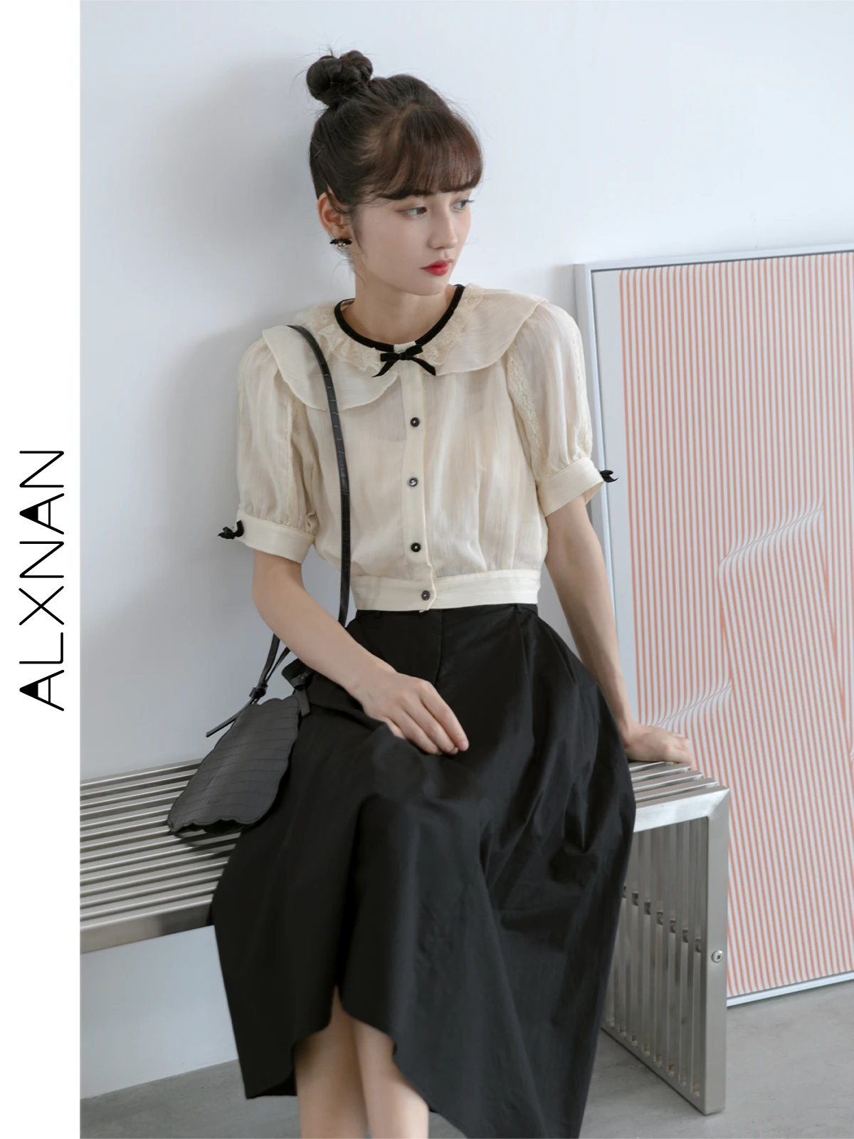 

ALXNAN Women Summer Thin Shirts & Blouses 2024 Summer Button Up Shirt Peter Pan Collar Short Sleeve French Cropped Tops LXN19359