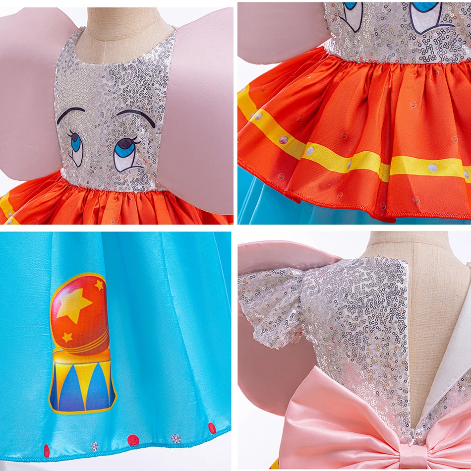 Dumbo Cosplay Dress with Big Ear Fly Elephant para crianças, Disfarce Frocks para menina, Roupas de performance de palco para jardim de infância