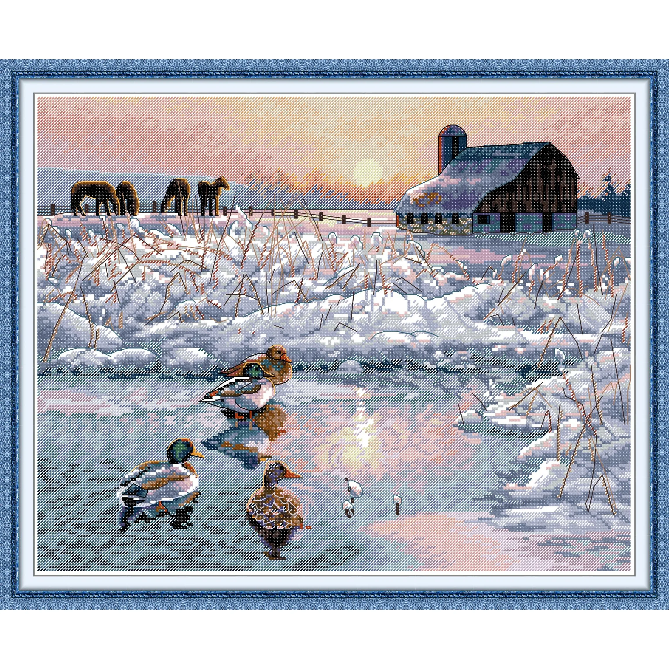 مجموعة غرز متقاطعة مطبوعة مسبقًا من Soulgift News، قماش عايدة مختوم مع خيوط DMC، طقم تطريز - البط الماندرين في الشتاء #1