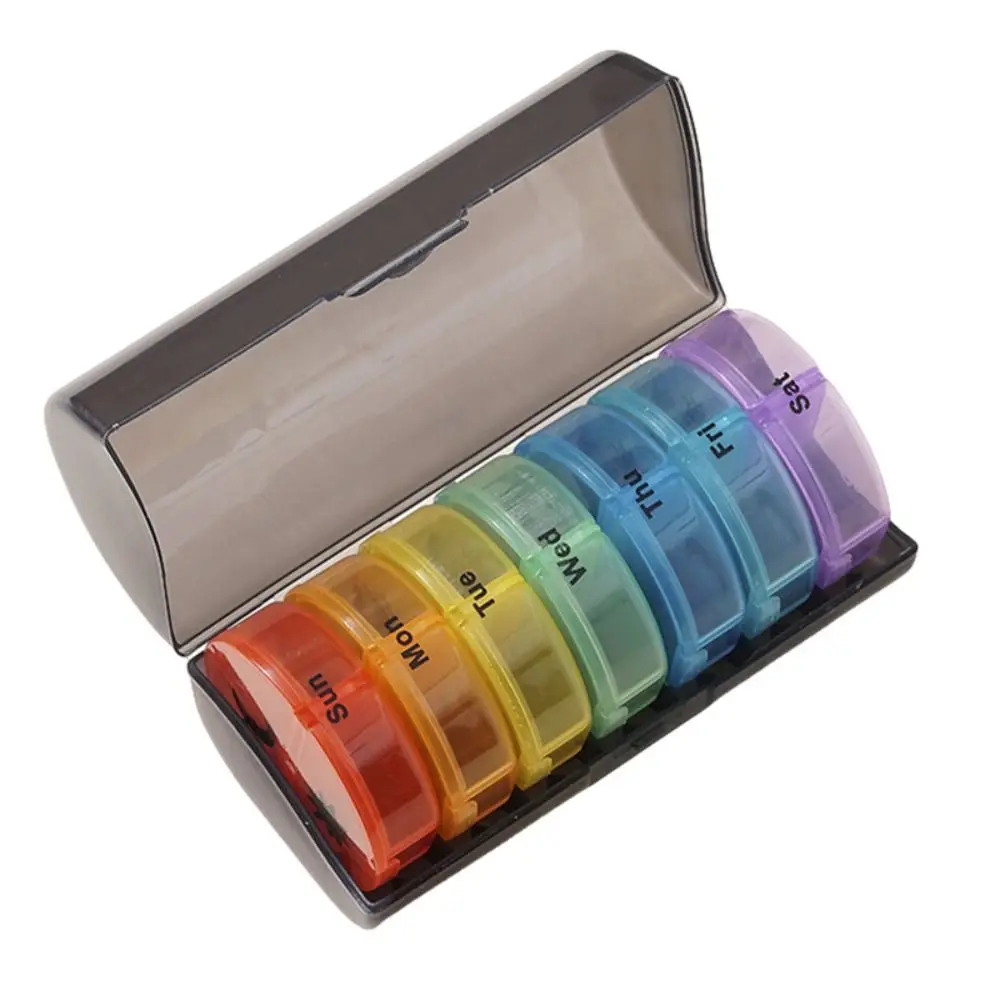 Drug Container 7-Day Splitter Pill Organizer AM/PM Compartments 14-Grid Vitamin Storage Case Week Mark Plastic Rainbow Pill Box