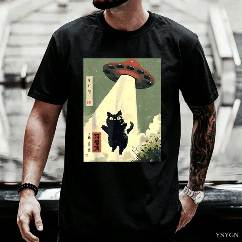 Black Cat UFO Graphic T-Shirts Japanese Cat Alien Graphic Tee Men Women Cotton Short Sleeve Printed Tshirts Streetwear Tops