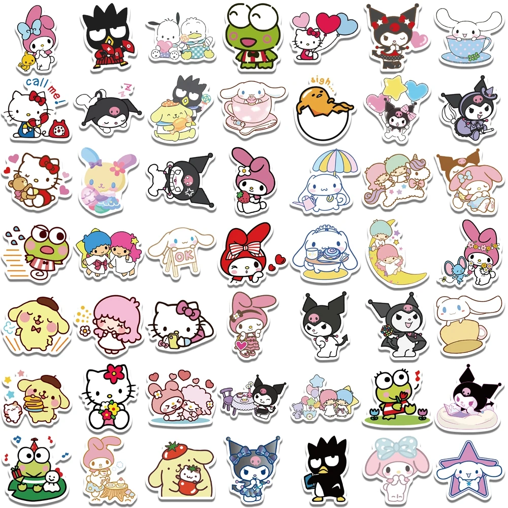 50/100pcs Mixed Cartoon Sanrio Stickers Cute Hello Kitty Cinnamoroll Kuromi My Melody Waterproof Sticker Decals for Kids Toys