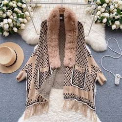 Winter Knitted Pashmina Poncho Women Long Sleeve Fur Collar Beaded Tassel Scarf Femme Vintage Cardigan Coat Shawl Oversize