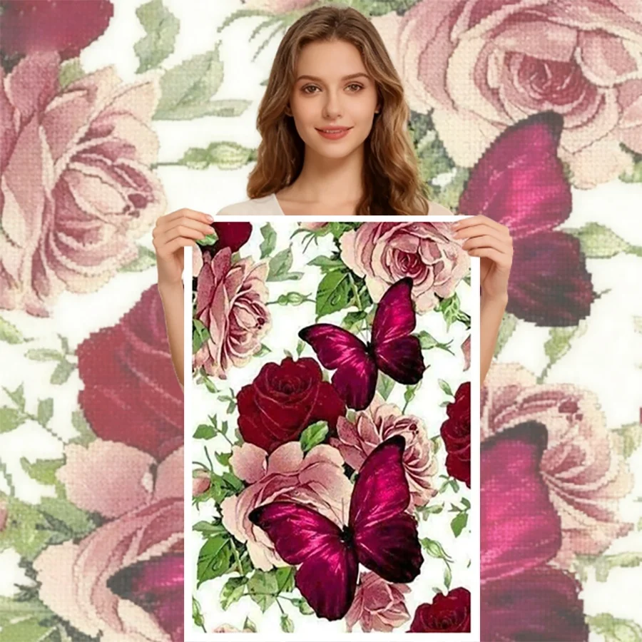 

2026Embroidery Sets Butterfly Flower Needlework Rose Flower DMC Threads Cross Stitch Suit Floral 11Ct Picture Printed