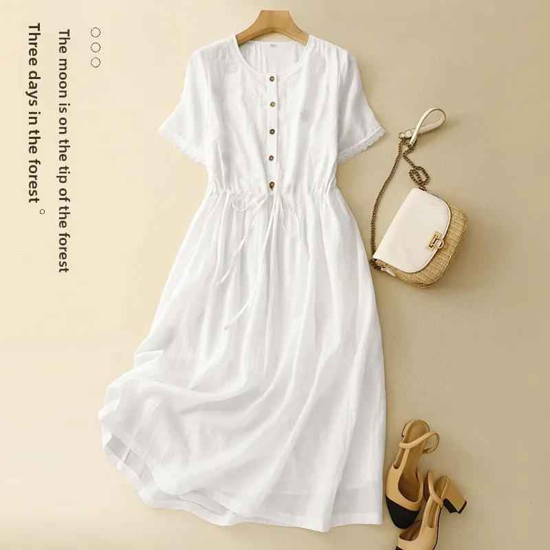 

Elegant White Embroidered Cotton Linen Dress Women's Fashionable Summer New Arrival Age-Defying Large Size Chinese Ethnic Wear