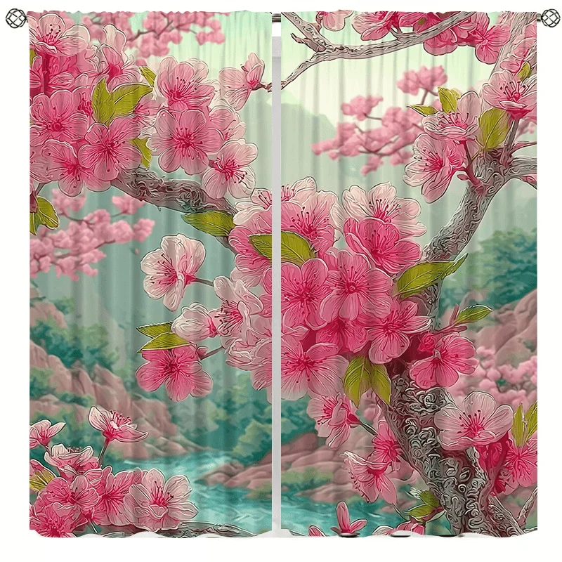 Mountain stream tree pattern curtains, installed using pocket rod method, suitable for bedrooms, living rooms,, for decoration.
