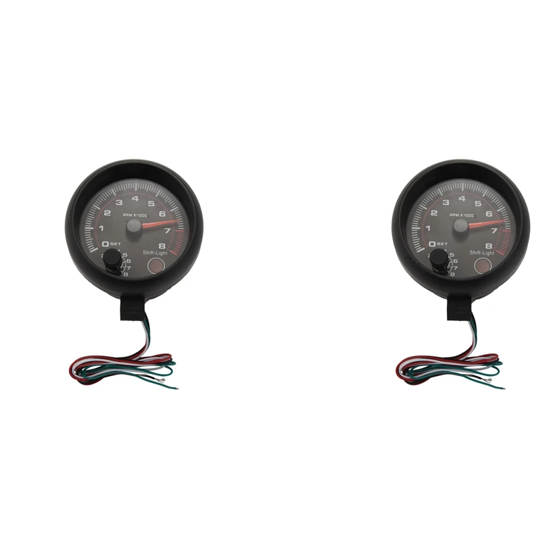 2X Universal 3.75 Inch 12V White LED Backlit Tachometer Gauge With Red Shift Light For Auto Gasoline Car, 0-8000 RPM