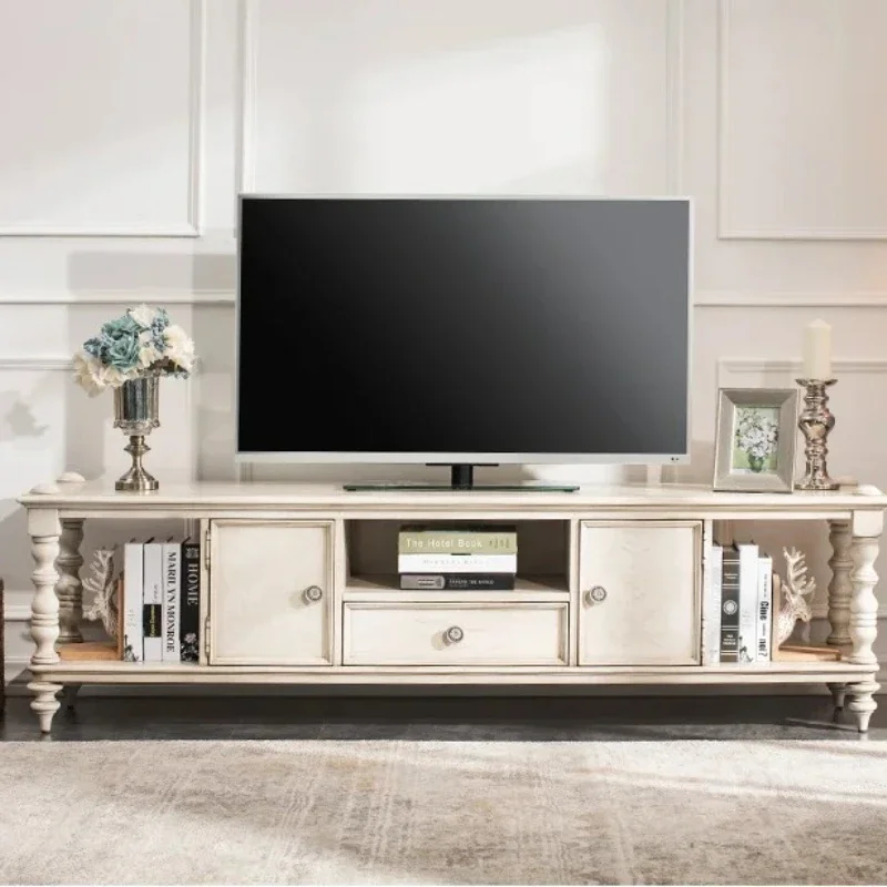 h27-Solid Oak TV Cabinet for Small Apartments, Vintage Distressed Living Room TV Stand