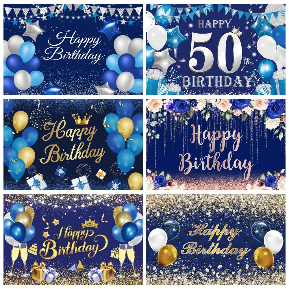 Blue Happy Birthday Backdrop Glitter Spots Balloons Kids Woman Man Birthday Party Customize Photography Background Decor Banner