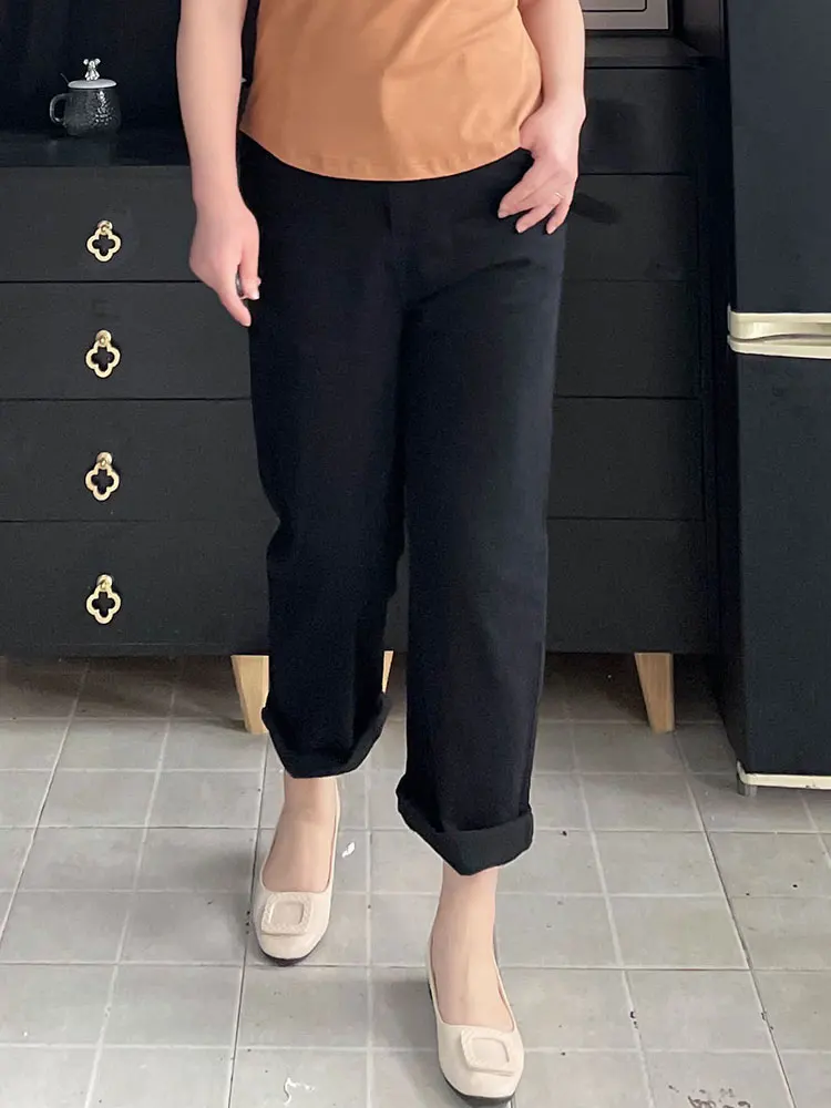 

Джинсы прямого кроя с высокой талией больших размеров для женщин, свободные, с эффектом похудения, на эластичной резинке, черные, укороченные, повседневные, весна-лето