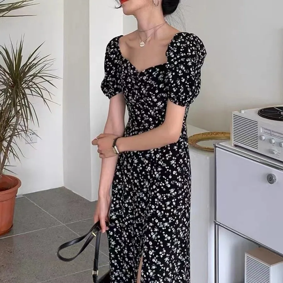 

【New style】2026 summer French square neck black floral dress with split waist and sexy tea break long dress for women