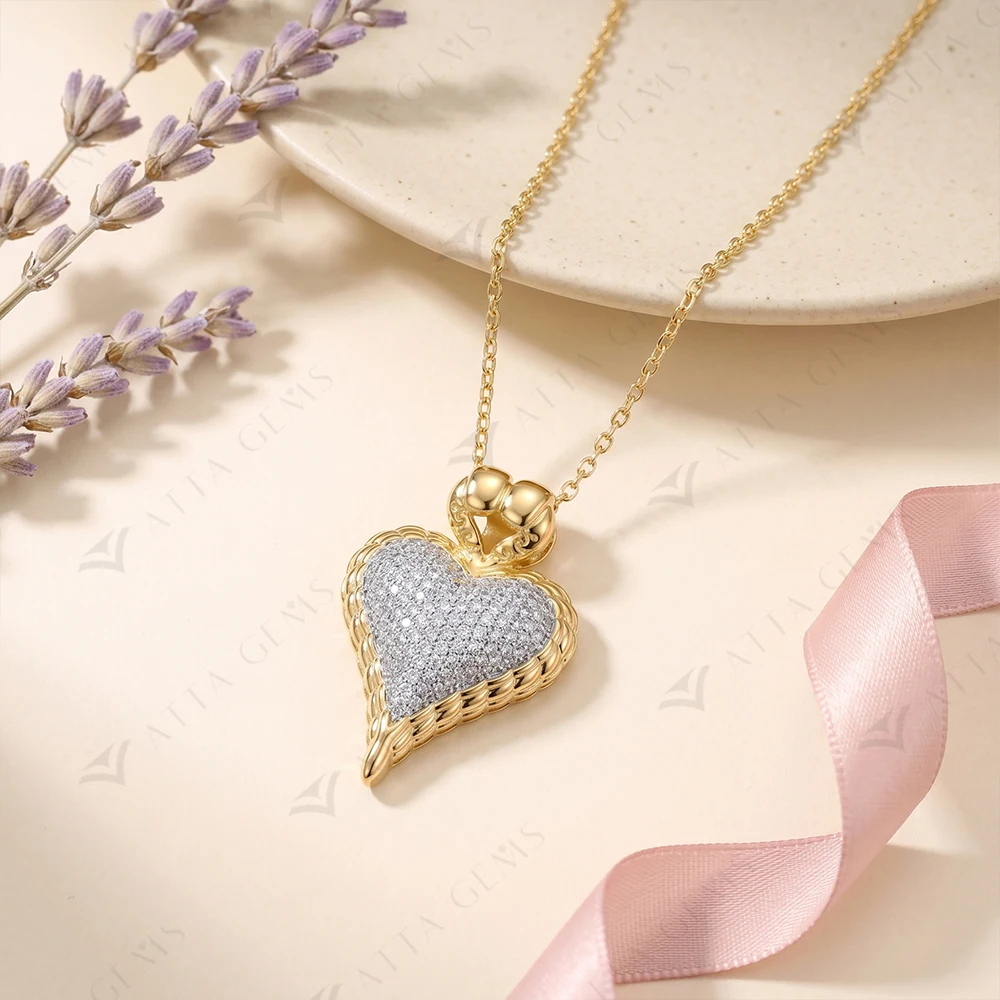 Attagems D Color VVS1 Pave Heart Moissanite Pendant Necklace Copper Rope Chain Vintage Jewelry Gift For Women
