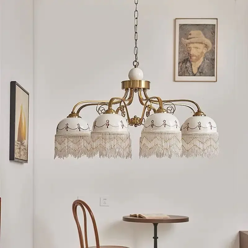 French style all copper retro palace bedroom study pendant lamp European style medieval tassel pendant lamp