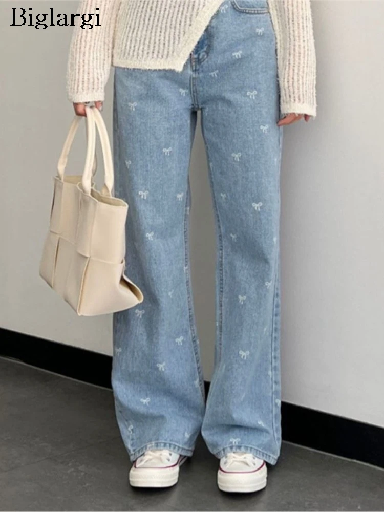 

Jeans Spring Straight Pant Women Bow Sweet Fashion High Waist Ladies Trousers Korean Style Casual Loose Woman Pants
