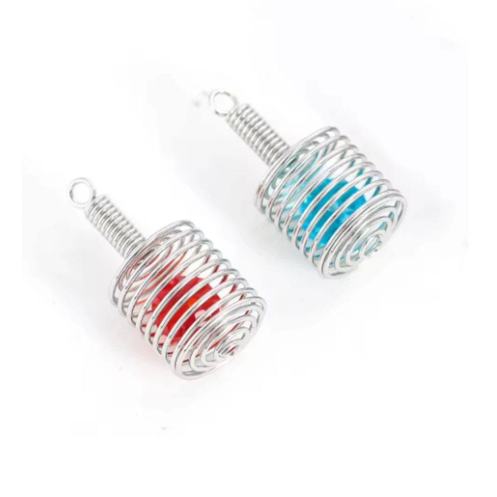 10PCS Stainless Steel Column Cage Pendant with Spring and Crystal Bead Holder