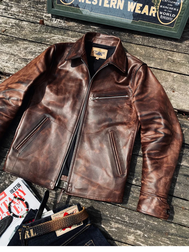 

YR!Free shipping.Heavy Vintage classic 1930 biker genuine leather jacket.Argentine Bull Hide armor coat.thick cloth