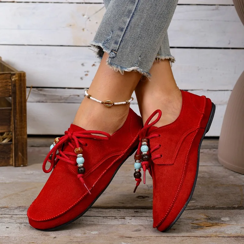 

Женская обувь, новинка 2023 года, осенняя женская обувь на плоской подошве со шнуровкой и круглым носком для отдыха, большие размеры, однотонные лаконичные женские туфли с мягкой подошвой