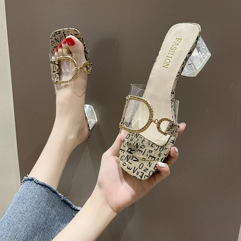 Crystal Transparent Slippers Female Shoes Middle Heels Comfortable New Summer Women Shoes Woman Fashion Cool Letters Slippers