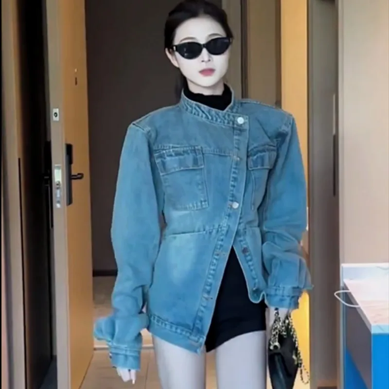 

Trendy Women Jeans Coats Single-breasted Denim Jackets Long Sleeves Patchwork Irregular Jacket Spring Autumn Tops Sweatshirts