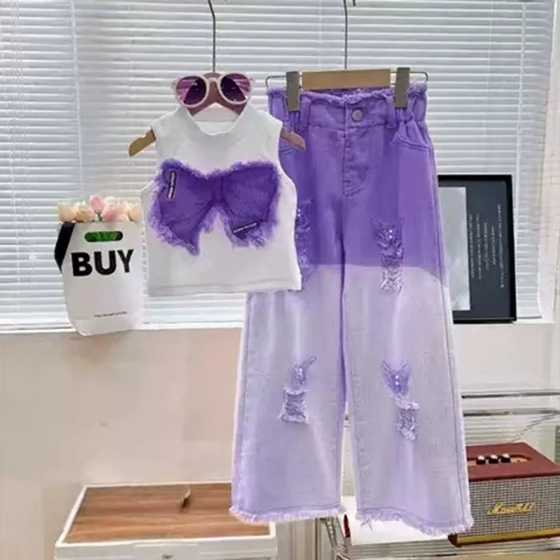 Girls Summer Stylish Ripped Jeans Outfit 4-12 Years Kids Sweet Bow Sleeveless Vest + Butterfly Decal Gradient Pants 2-piece Set