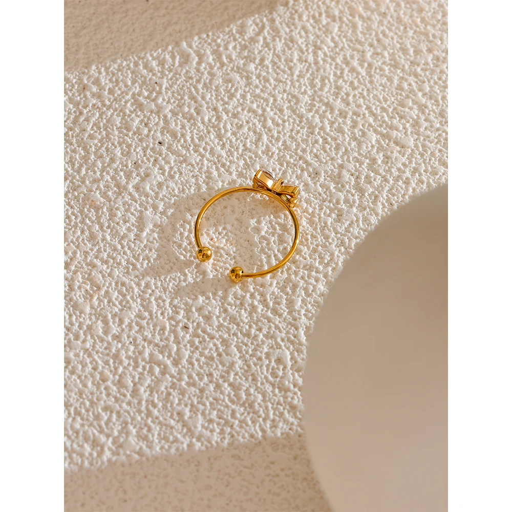 Yhpup Delicate Shiny Cubic Zirconia Bowknot Bow Open Finger Ring Stainless Steel Sweet Daily Trendy Jewelry Accessories