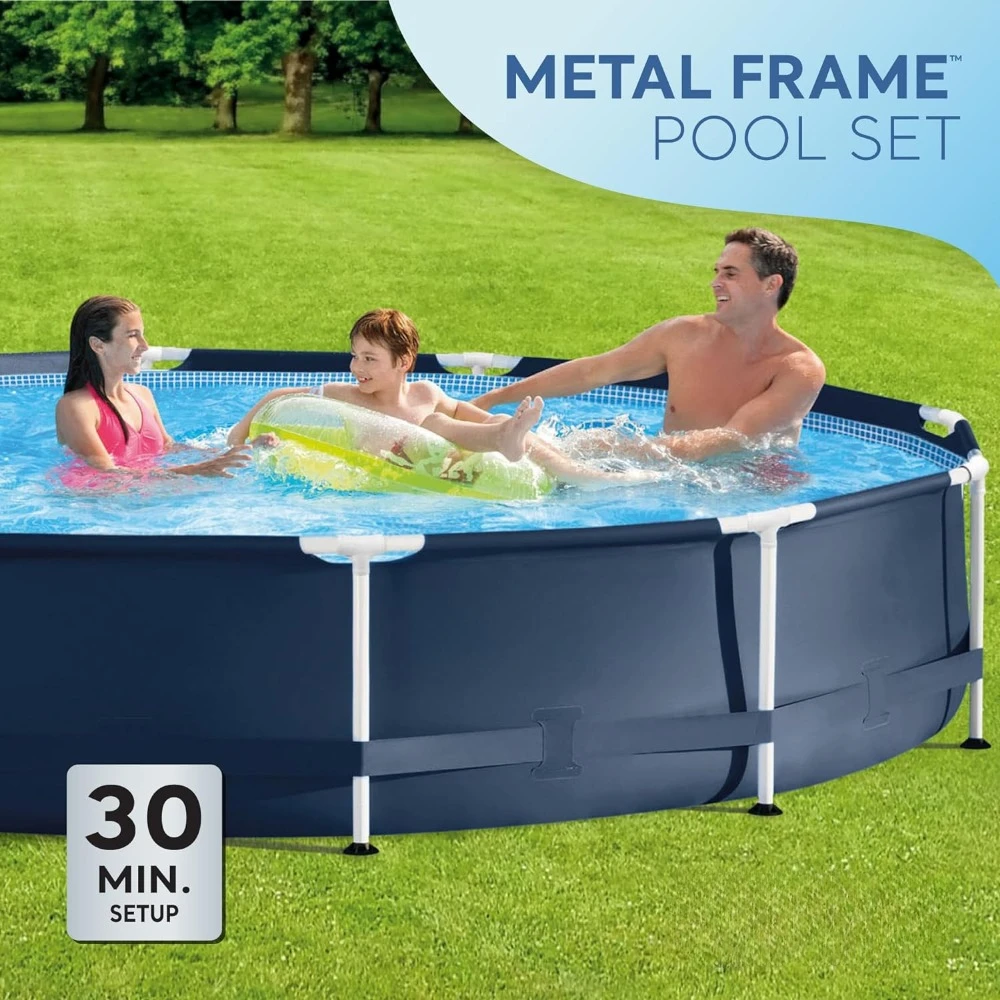 Metal Frame 12 Foot x 30 Inch Round Above Ground Outdoor Backyard Swimming Pool with 530 GPH Filter Cartridge Pump, Navy