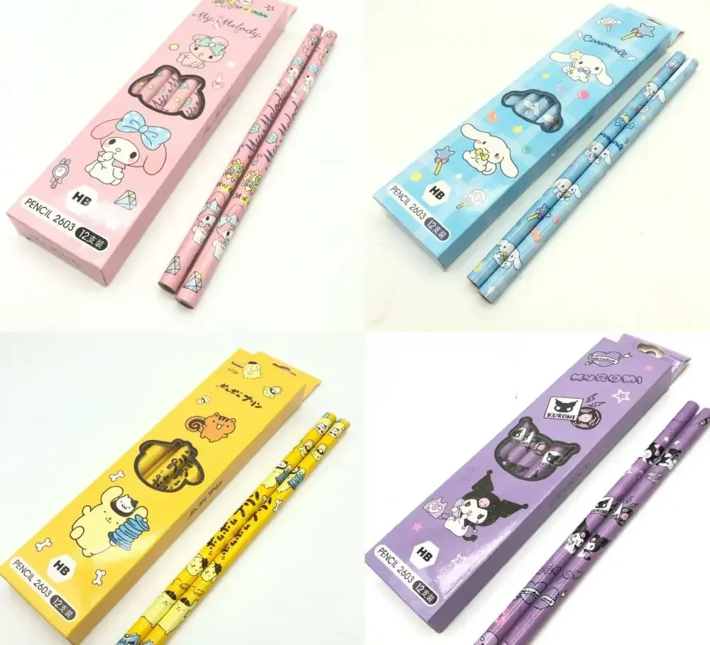 MINISO Anime Kawaii Sanrio Kuromi Melody Cinnamoroll Hellkitty Pompom Student Wooden Hb Pole Pencil Box-Packed Kids Gifts