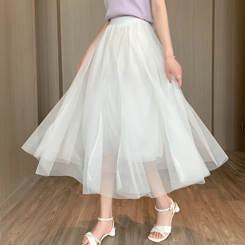 Spring Summer Vintage Tulle Skirt Women Elastic High Waist Mesh Skirts Long Pleated Tutu Skirt Female Jupe Longue 5731