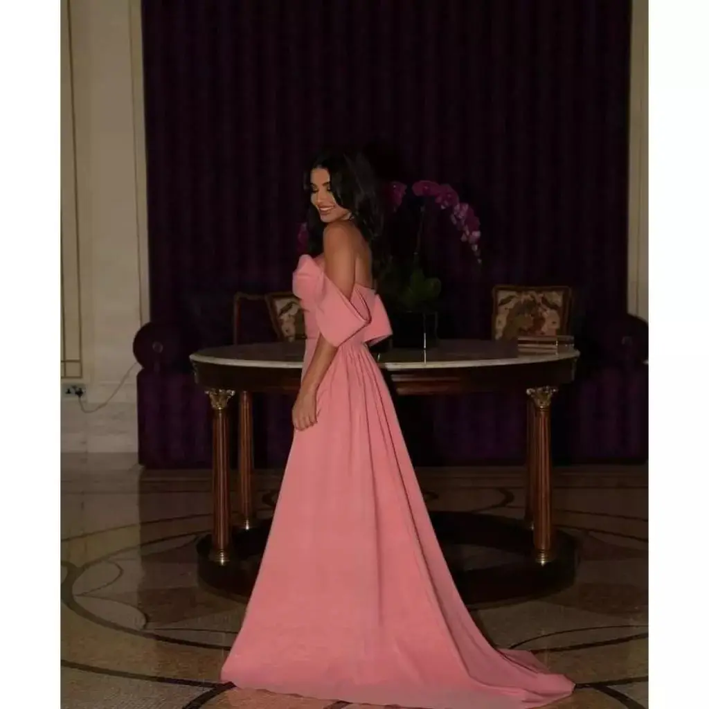 SWEMILE Column Off-The-Shoulder Neckline Floor-Length Chiffon Zipper Up Short Sleeves Dresses For Special Events Birthday Dress