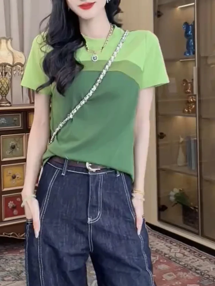 

2025 New Sle Color Blo round Ne ort Sve Top een oulder Length T-irt Faionable Unique Women's Summer irt