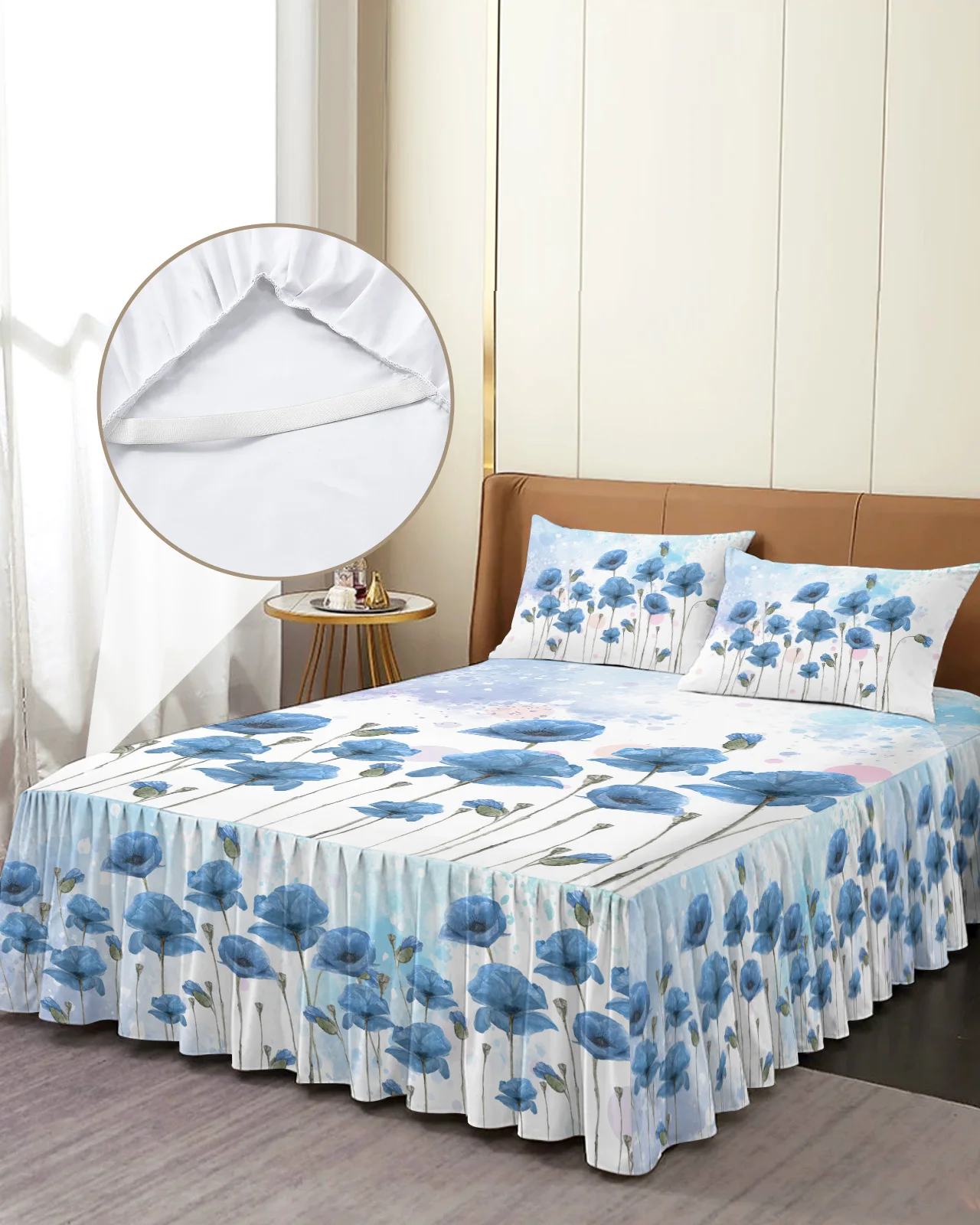 Poppy Flower Watercolor Bed Skirt Elastic Fitted Bedspread With Pillowcases Bed Protector Mattress Cover Bedding Set Bed Sheet