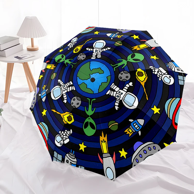 Space Theme Design Folding Umbrella - Fashionable Auto-Open Design 8 Iron Ribs Plastic Handle Foldable Sunshade，Perfect Gifts