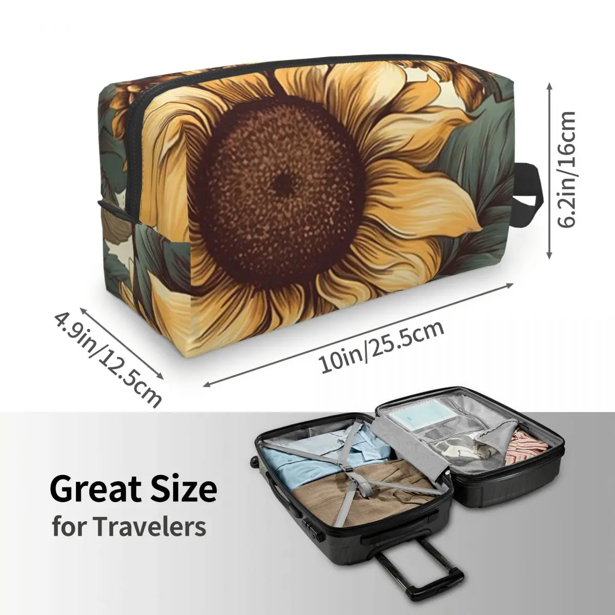Golden Sunflower Cluster Vintage Botanical Drawing Makeup Bag Cosmetic Storage Dopp Kit Toiletry Cosmetic Bag for Women Beauty