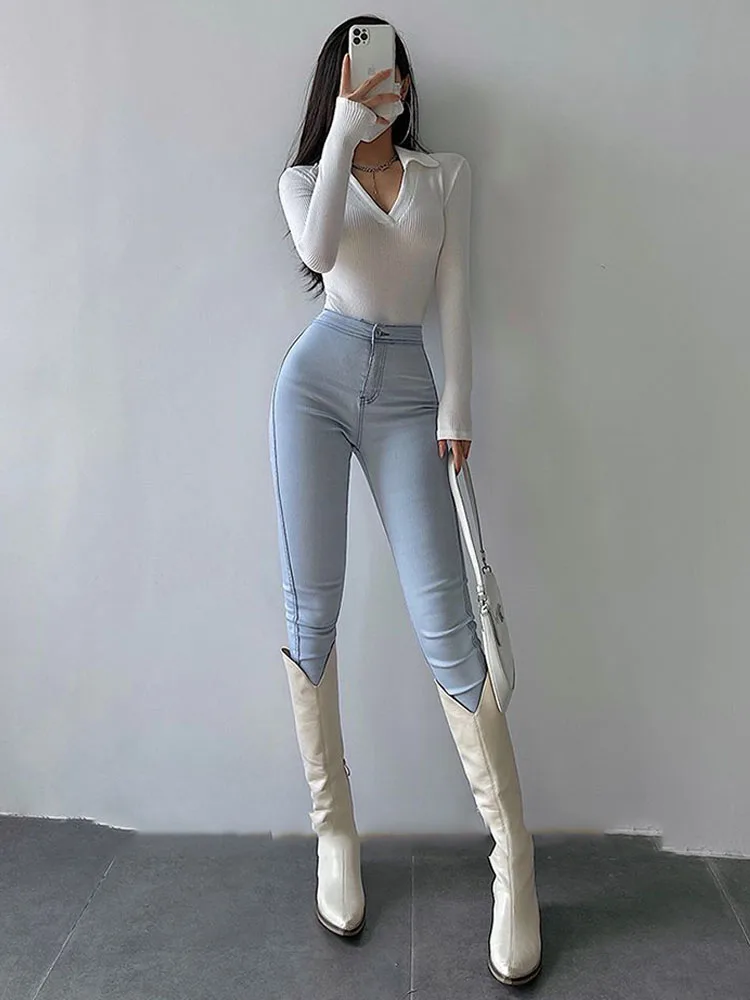 Autumn and winter European and American high waist tight fitting slimming women's elastic small leg jeans pencil pants