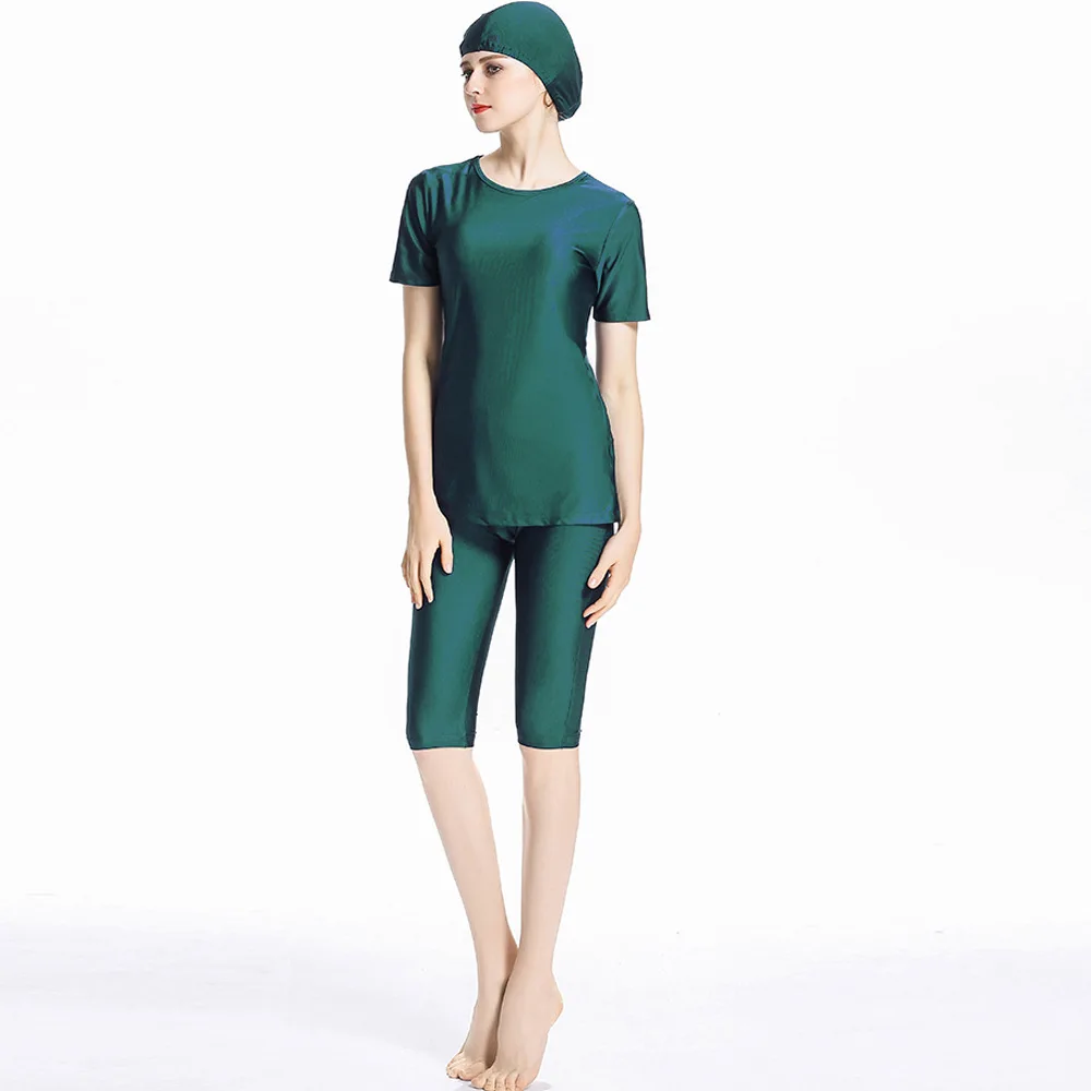 Muslim Burkini Short Sleeve Swimsuit, Beach Wear, Sunscreen Diving Suit with Hijab, Light Color, Slim Fit, S-4XL, 3Pcs