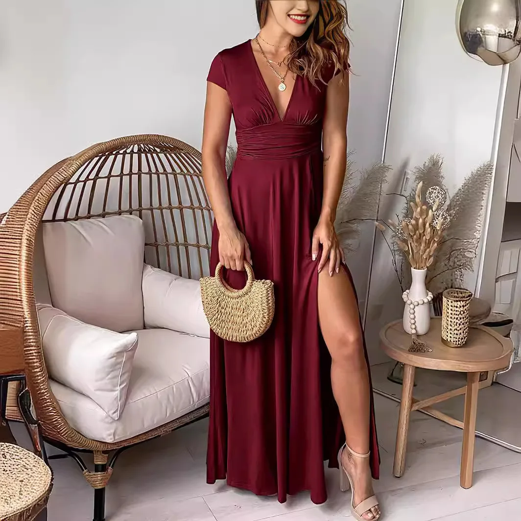 Damska długa spódnica z głębokim dekoltem w szpic, z krótkim rękawem, plisowana, z wysokim rozcięciem w talii, klubowa, wieczorowa sukienka, jednokolorowa sukienka