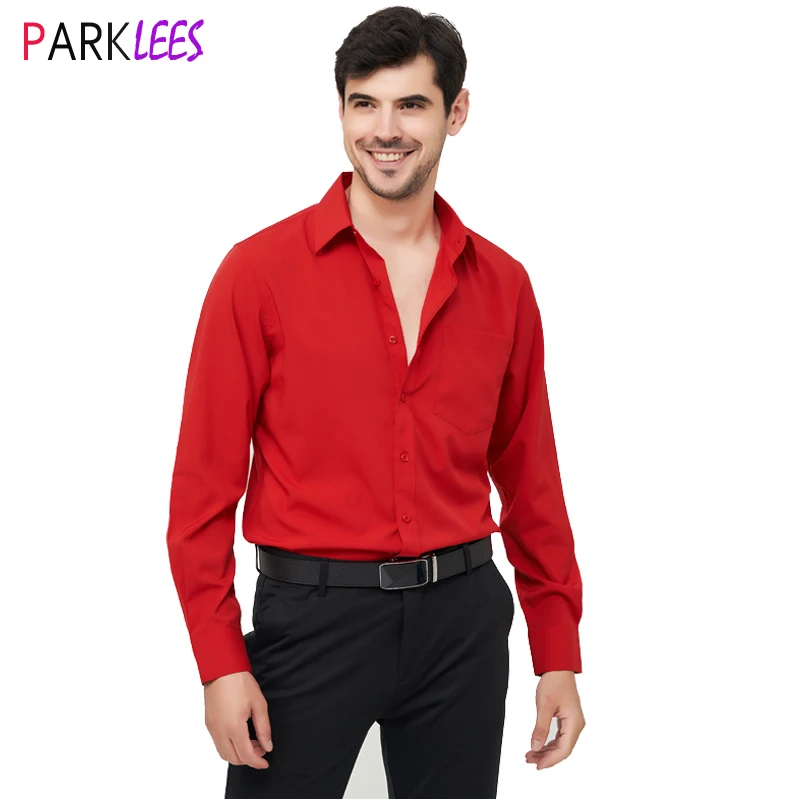 Camisas de vestir elásticas rojas para hombre, Camisa de corte Regular con botones, Formal, para boda, de fácil cuidado, otoño, 2023