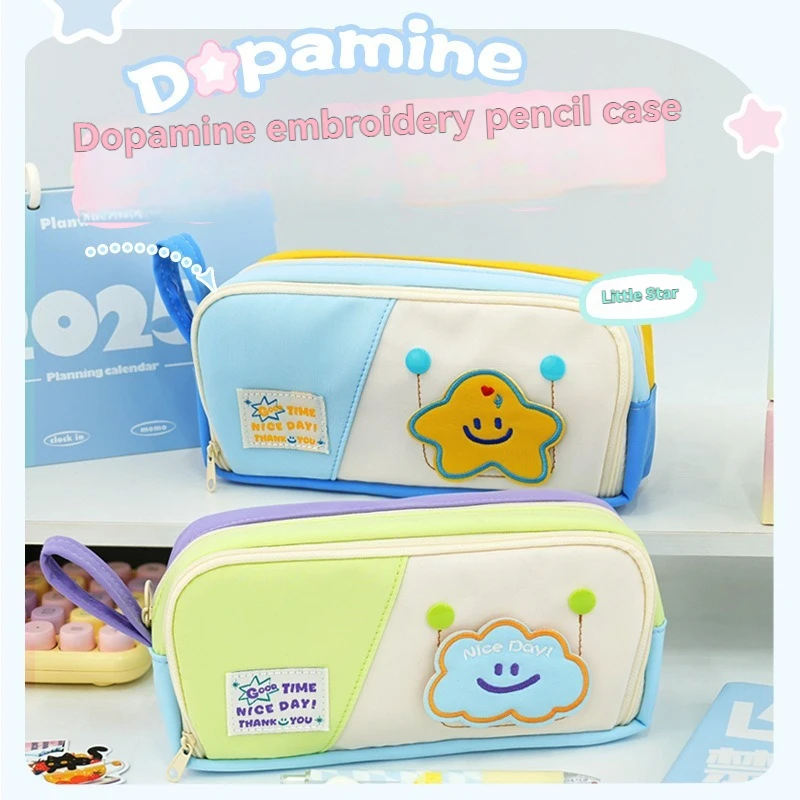 Color - Blocking Patch Pen Bag Student  Portable Large   Capacity Pen Box- Style Korean - Version High - Appearance