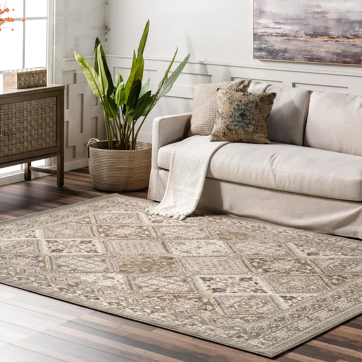 9x12 Becca Traditional Tiled Area Rug, Taupe, Faded Transitional Design, Stain Resistant, For Bedroom, Dining Room