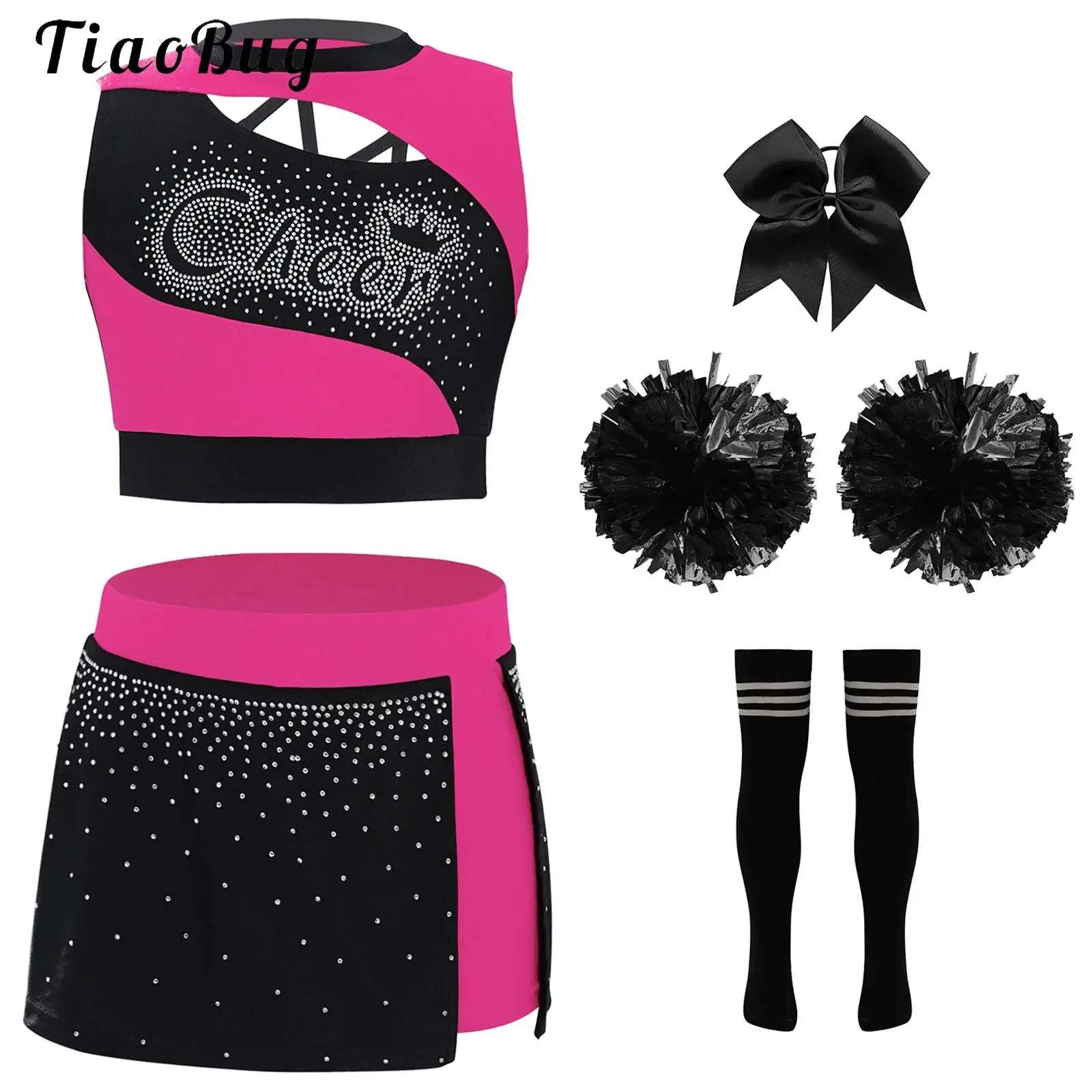 

Kids Girls Cheerleader Costume 4Pcs Rhinestones Metallic Musical Sport Meeting School Cheer Dance Outfit Cheerleading Uniforms