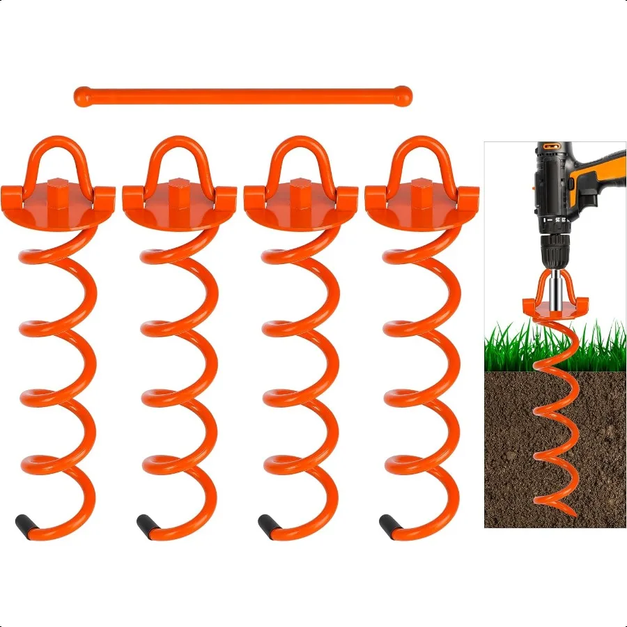 

12.2 Inch Spiral Ground Anchors Heavy Duty Screw in Spiral Stakes 4 Pack Folding Ring Ground Stakes for Securing Dogs Tents Tra