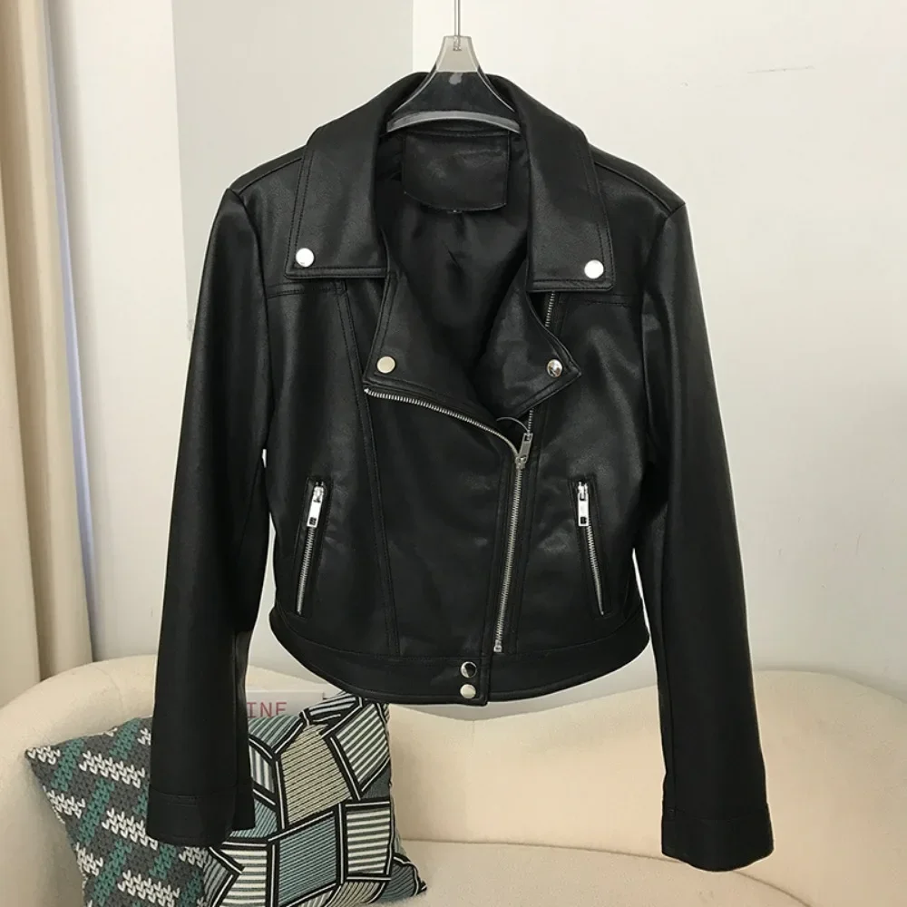 2024 New Spring Autumn Motorcycle Faux Leather Jacket Women Soft Streetwear Zipper Short Pu Coat Female Slim Outwear