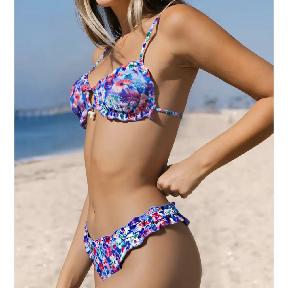 طقم بيكيني نسائي صيفي مطبوع عليه زهور وحلقة دائرية وحمالة صدر بدون حمالات مع شورت منخفض الخصر مكون من قطعتين ملابس سباحة #3