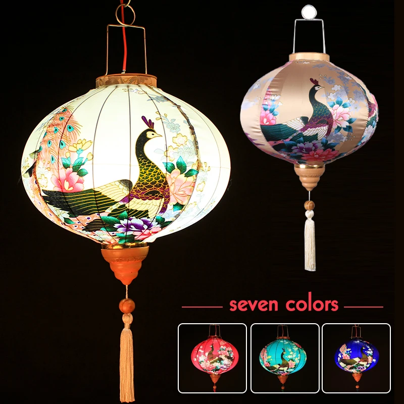 

12/14 Inch Retro Silk Lanterns Chinese Traditional Lantern Peacock Pattern Japan Hanging Lantern New Year Spring Festival Decor